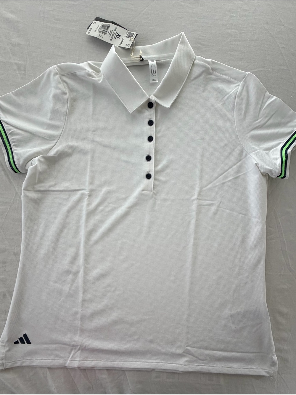 adidas White Polo Golf shirt with Black Buttons and Green-Trim Sleeves